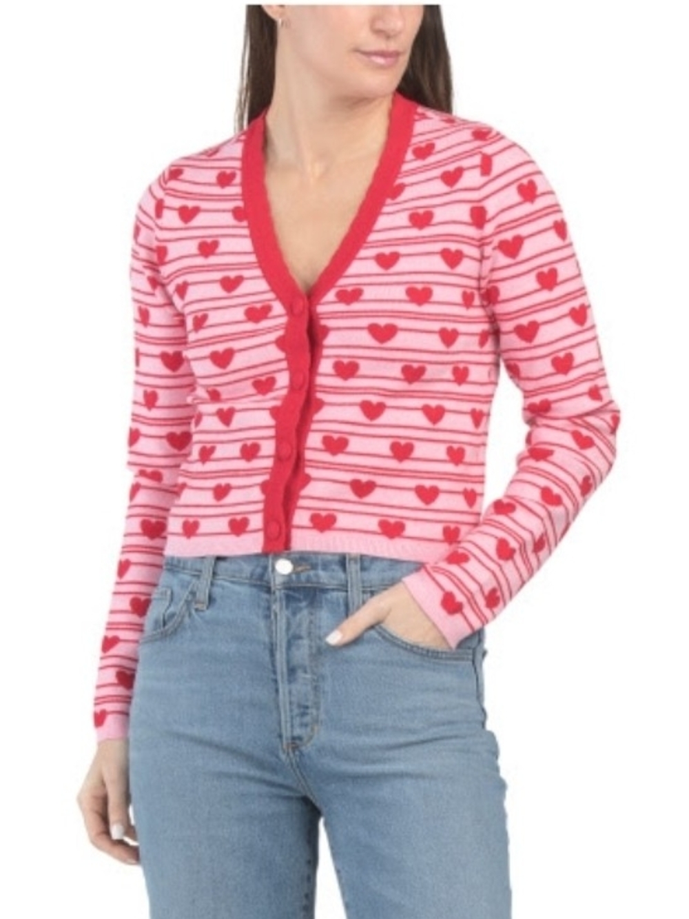 Kaily K Heart-Print V-Neck Cardigan Sweater in Pink and Red Size L NWT
